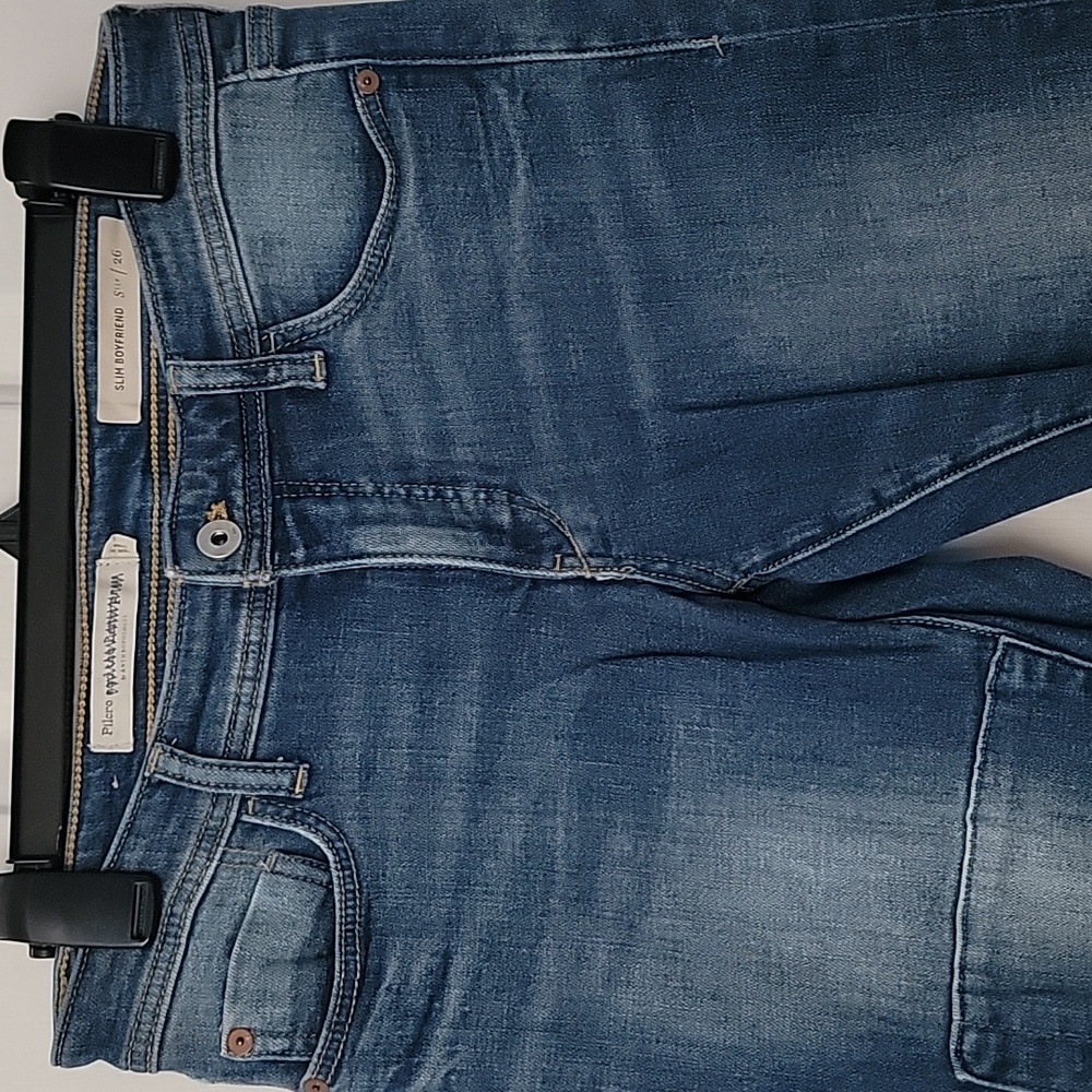 Pilcro Blue Jeans with Artistic Patches Anthropologie Slim Boyfriend Pants 26 - Picture 2 of 7